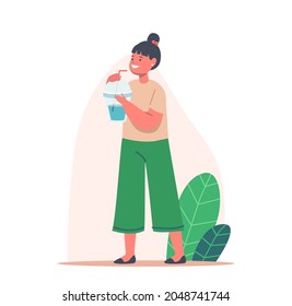 Kid Character With Cup And Straw Enjoying Fresh Drink, Little Girl Drinking Clean Water, Milk Or Juice. Summer Refreshment, Body Hydration, Beverage. Cartoon People Vector Illustration