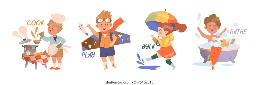 Kid Character Demonstrate Action Verb and Word Vector Set