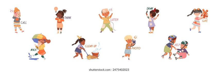 Kid Character Demonstrate Action Verb and Word Vector Set