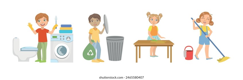 Kid Character Doing Housework and Helping with Chores Vector Set