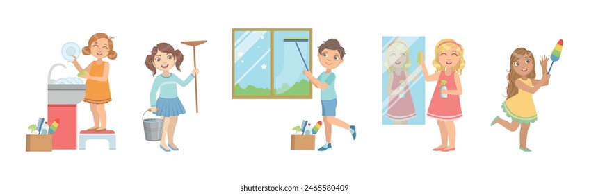 Kid Character Doing Housework and Helping with Chores Vector Set