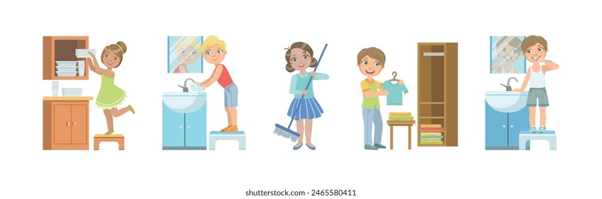 Kid Character Doing Housework and Helping with Chores Vector Set