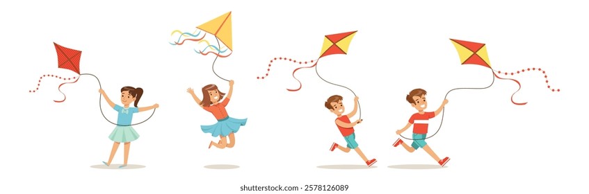 Kid Character Flying Kite with String in the Air Vector Set