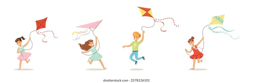 Kid Character Flying Kite with String in the Air Vector Set