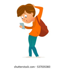 kid character with gadget, looking at smartphone, thinking, pupil, school, vector illustration