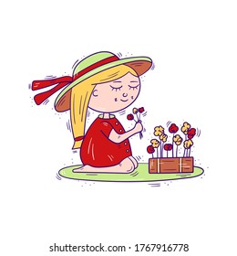 Kid character, a girl in a hat smelling the flowers, young florist gardener nature lover - Vector illustration isolated, cartoon style