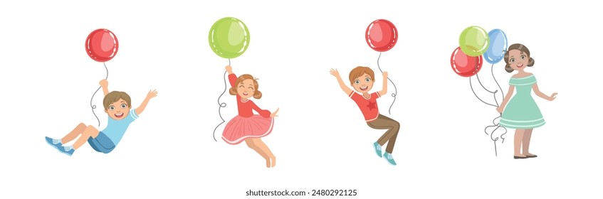 Kid Character with Party Balloon Having Fun Vector Set