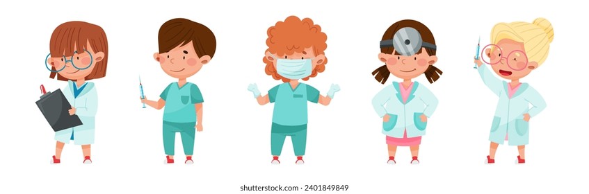 Kid Character Playing Doctors and Nurse Vector Set