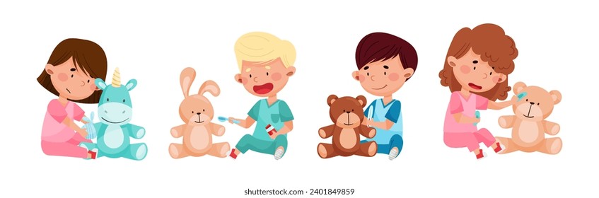 Kid Character Playing Doctors and Nurse Vector Set