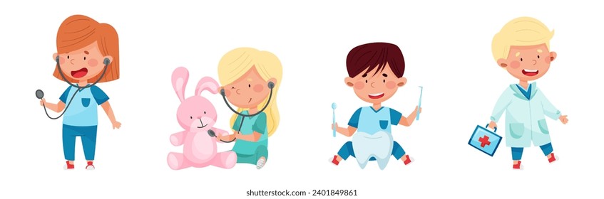 Kid Character Playing Doctors and Nurse Vector Set