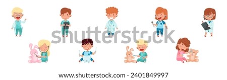 Kid Character Playing Doctors and Nurse Vector Set