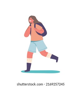 Kid Character in Rubber Boots without Umbrella and Rucksack Walk by Puddle. Cheerful Smiling Child at Autumn or Spring Rainy Weather. Happy Little Girl Go to School. Cartoon People Vector Illustration