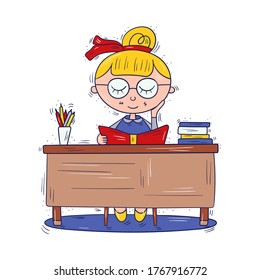Kid character sitting at desks reading a book, schoolgirl with studying tools, female student elementary school - Vector illustration isolated, cartoon