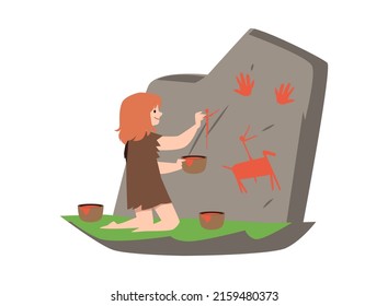 Kid character in skin of animal paints on rock by hand flat style, vector illustration isolated on white background. Stone age concept, cave drawings, history