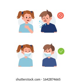 Kid Character Sneezing and Coughing. Medical Recommendation How to Use Facial Protection Mask. Prevention against Virus and Infection. Hygiene Concept.  Flat Cartoon Vector Illustration.