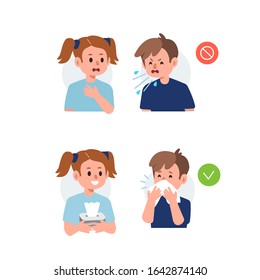 Kid Character Sneezing and Coughing Right and Wrong. Medical Recommendation How to Sneeze Properly. Prevention against Virus and Infection. Hygiene Concept.  Flat Cartoon Vector Illustration.
