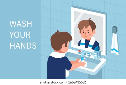 Kid Character Standing near Mirror in Bathroom and Washing Hands with Soap under running Water. Prevention against Virus and Infection. Hygiene Concept.  Flat Cartoon Vector Illustration.