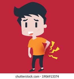 kid Character suffering from backache on Red Background. Vector illustrator injury concept.