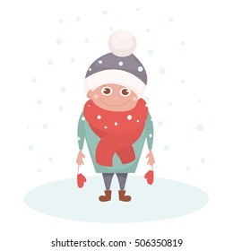 Kid character under snowflake isolated on white. Happy kid on winter. Vector Illustration. Funny cartoon vector character