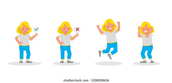 Kid character vector design presentation in various action. Boy wear white T-shirt and playing.