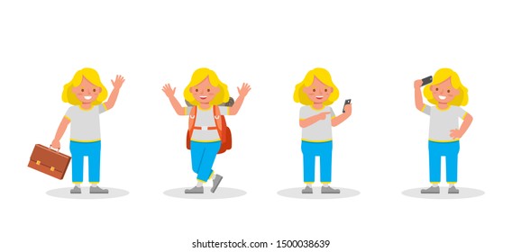 Kid character vector design presentation in various action. Boy wear white T-shirt and playing.