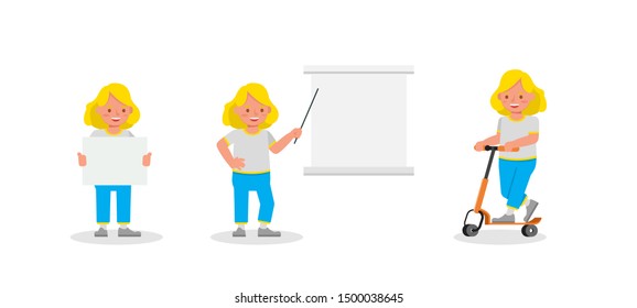 Kid character vector design presentation in various action. Boy wear white T-shirt and playing.