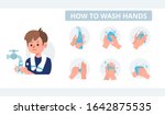 Kid Character Washing Hands with Soap under running Water. Infographic Steps How Washing Hands Properly. Prevention against Virus and Infection. Hygiene Concept.  Flat Cartoon Vector Illustration.
