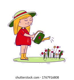 Kid character with a watering can, a girl in a hat watering the flowers, young florist gardener nature lover - Vector illustration isolated, cartoon style