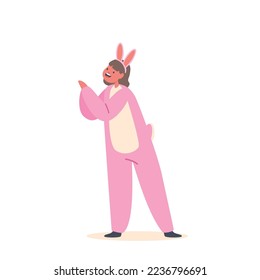 Kid Character Wear Pink Rabbit Suit and Ears Headband Isolated on White Background. Child in Easter Costume, Little Girl Performing on Party or Kindergarten Matinee. Cartoon People Vector Illustration