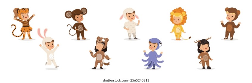 Kid Characters In Animal Costume Disguise at Masquerade Party Vector Set