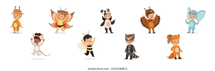 Kid Characters In Animal Costume Disguise at Masquerade Party Vector Set