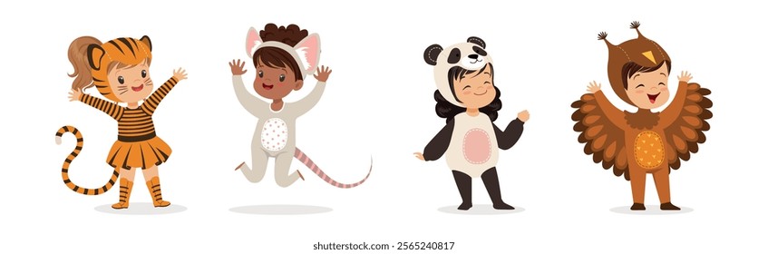 Kid Characters In Animal Costume Disguise at Masquerade Party Vector Set