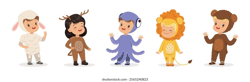 Kid Characters In Animal Costume Disguise at Masquerade Party Vector Set