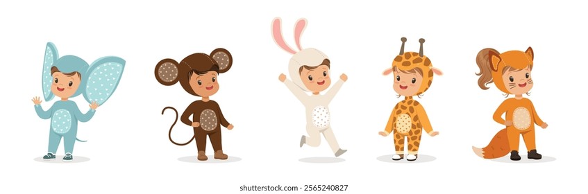 Kid Characters In Animal Costume Disguise at Masquerade Party Vector Set