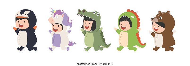 kid characters in Animals costumes cartoon Set 