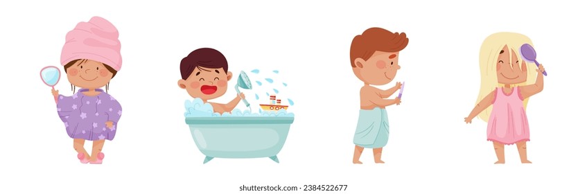 Kid Characters in the Bathroom Washing and Grooming Vector Set