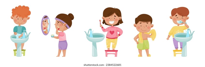 Kid Characters in the Bathroom Washing and Grooming Vector Set