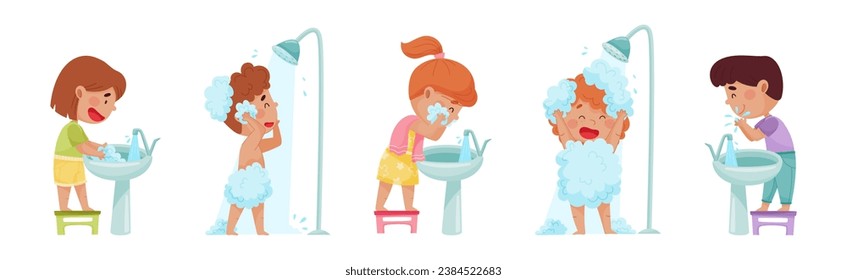 Kid Characters in the Bathroom Washing and Grooming Vector Set