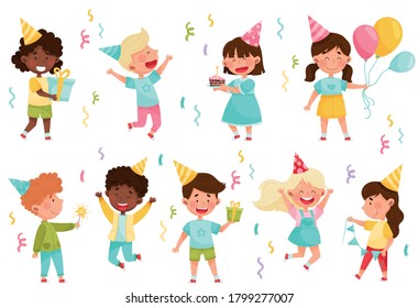 Kid Characters in Birthday Hat at a Party Holding Gift Boxes and Balloons Vector Illustration Set