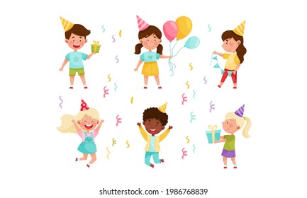 Kid Characters in Birthday Hat at Party Holding Gift Box and Balloons Vector Illustration Set