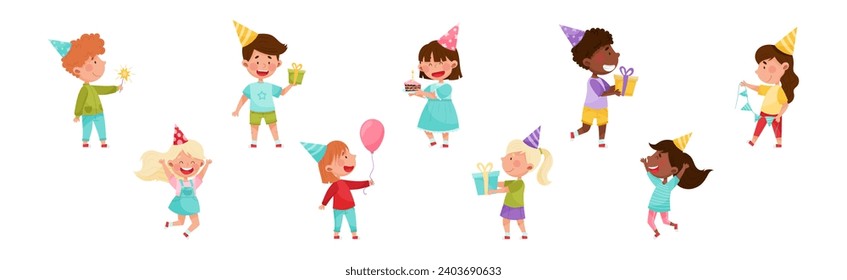 Kid Characters at Birthday Party in Cone Hat with Gift Box Celebrating Holiday Vector Set