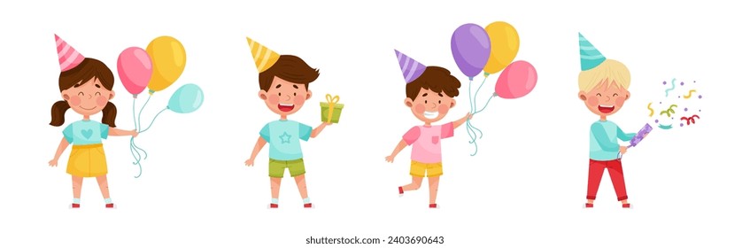 Kid Characters at Birthday Party in Cone Hat with Gift Box Celebrating Holiday Vector Set
