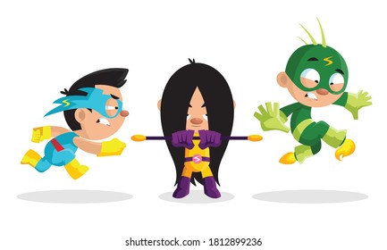 Kid Characters in Bright Superhero Costumes and Masks Vector Set