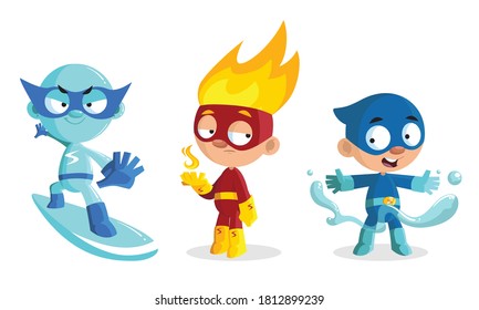 Kid Characters in Bright Superhero Costumes and Masks Vector Set