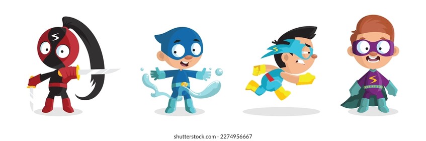 Kid Characters in Bright Superhero Costumes and Masks Vector Set