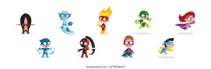 Kid Characters in Bright Superhero Costumes and Masks Vector Set