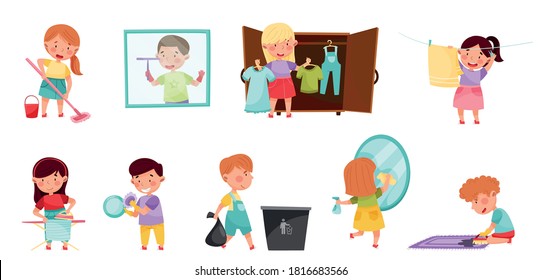Kid Characters Cleaning Room Doing Household Stock Vector (Royalty Free ...