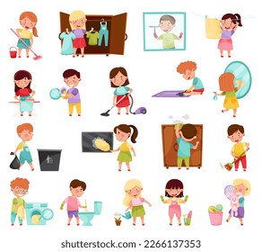 Kid Characters Cleaning Room and Doing Household Chores Vector Illustration Set