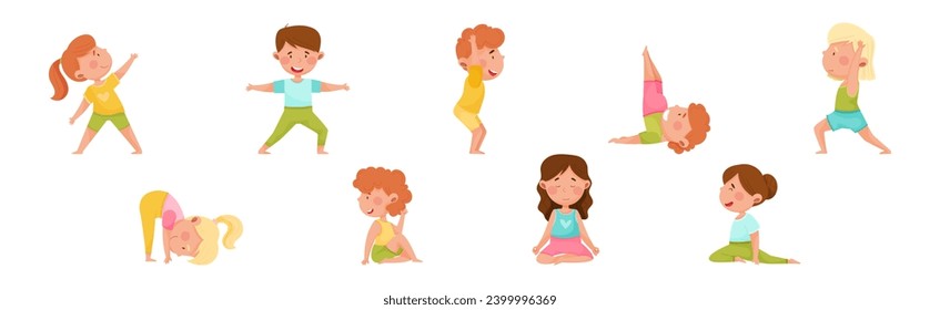 Kid Characters Doing Yoga Standing in Different Asana Vector Set