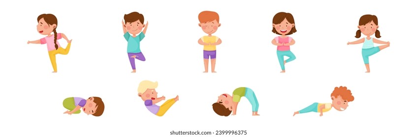 Kid Characters Doing Yoga Standing in Different Asana Vector Set